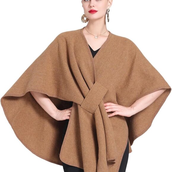 Women's Plus Size Wool Blend Cross Front Cape Wrap Warm Fall Winter Shawl - Picture 1 of 7